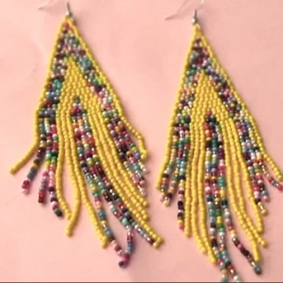 Long 5" Multicolor Yellow Stripe Handmade Beaded Oversized Bohemian Earrings New - Picture 2 of 4